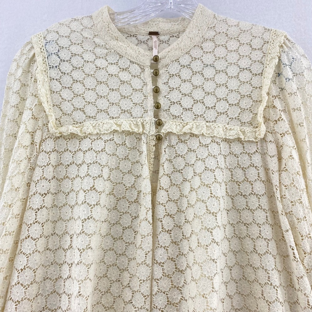 Free People M Better Together Cream Lace Crochet Button Neck Long Sleeve  Blouse